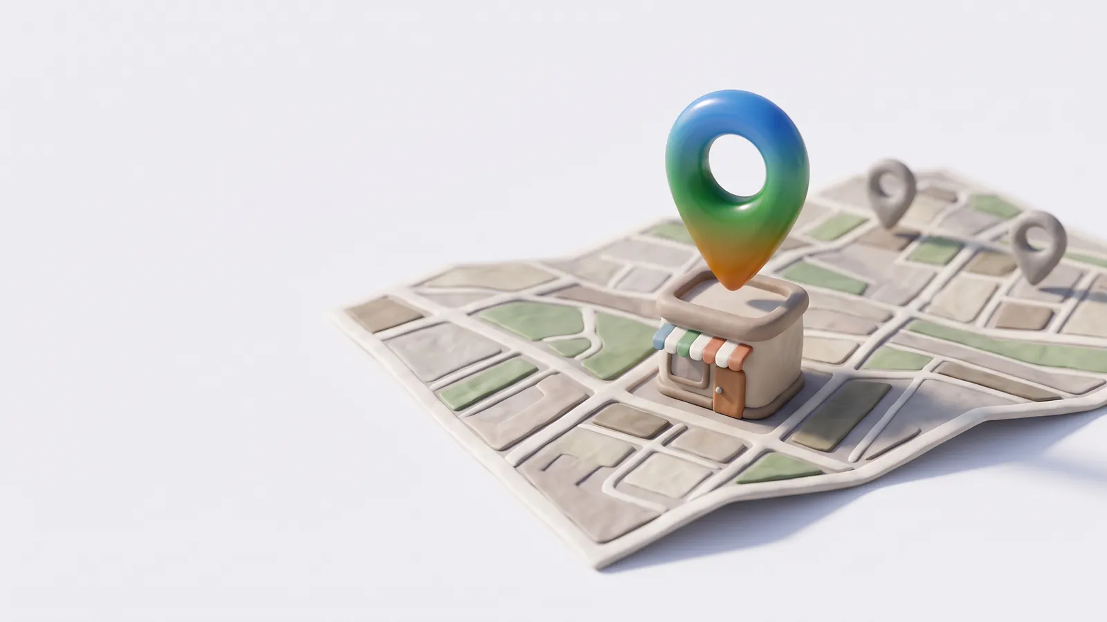 Ilustración 3D de un mapa con un marcador destacado sobre un pequeño local de servicios, rodeado de marcadores más pequeños