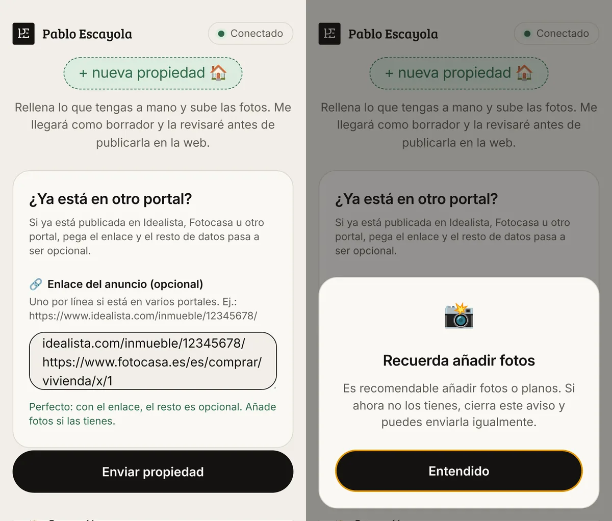 Captura real de la pàgina privada per pujar propietats del web de Pablo Escayola: camp per enganxar l'enllaç d'Idealista o Fotocasa i avís per recordar afegir fotos