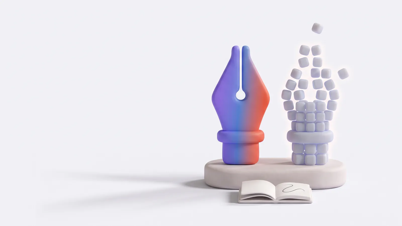 Ilustración 3D de una plumilla de diseño con degradado de color junto a una copia idéntica que se está montando con pequeños cubos