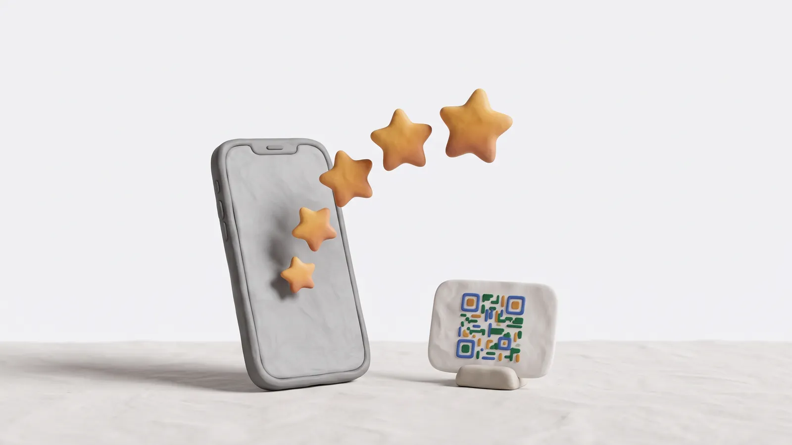 Ilustración 3D de un móvil con cinco estrellas que salen de la pantalla y una tarjeta con código QR al lado