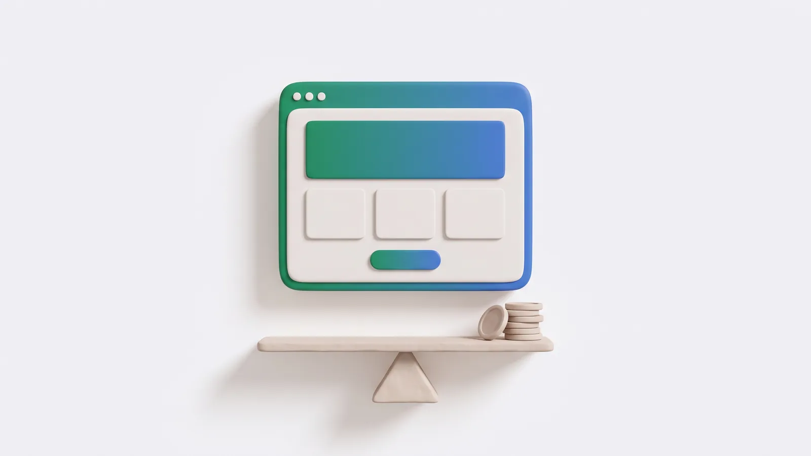 Ilustración 3D de una ventana de navegador con bloques de una web, sobre una balanza con monedas