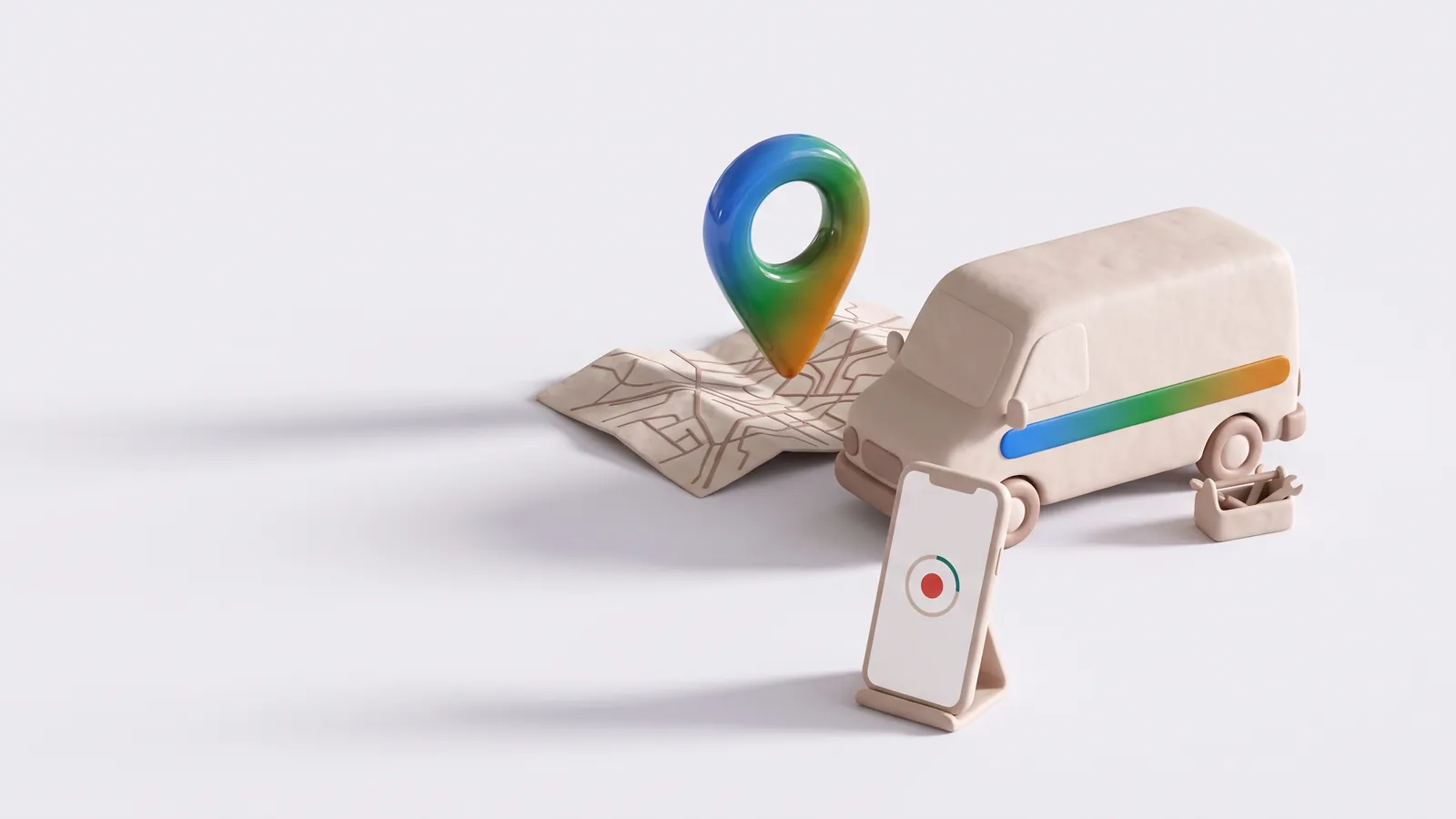 Ilustración 3D de una furgoneta de servicio junto a un mapa con un marcador y un móvil grabando un vídeo