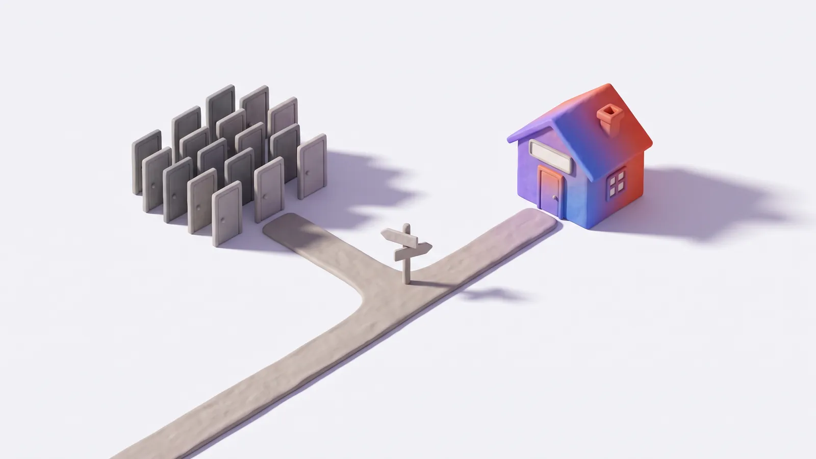 Ilustración 3D de dos caminos: uno lleva a un montón de puertas iguales y otro a una casa propia con su propio letrero en blanco